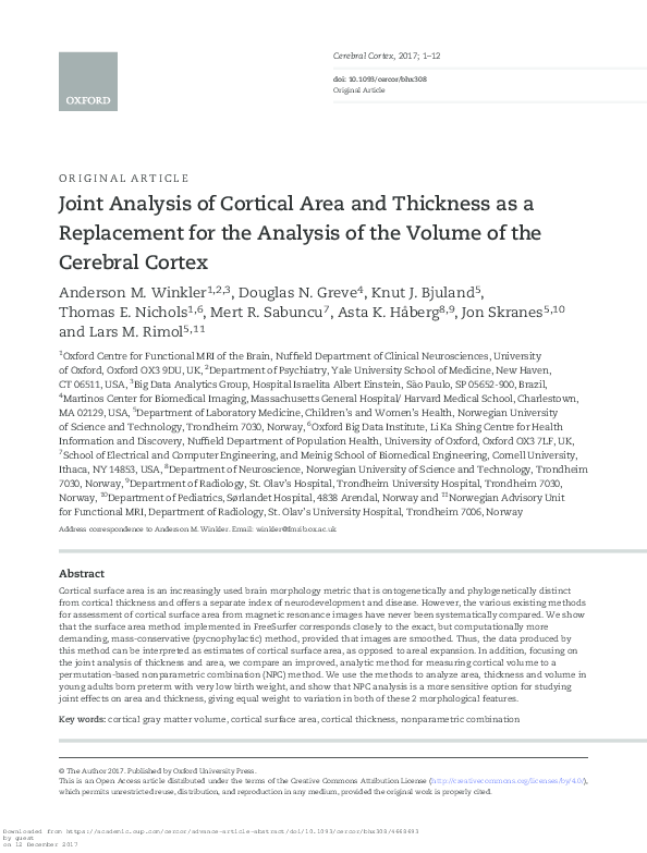 (PDF) Joint Analysis of Cortical Area and Thickness as a Replacement ...