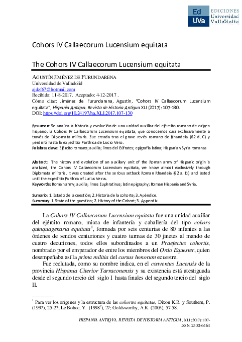 (PDF) Cohors IV Callaecorum Lucensium equitata The Cohors IV