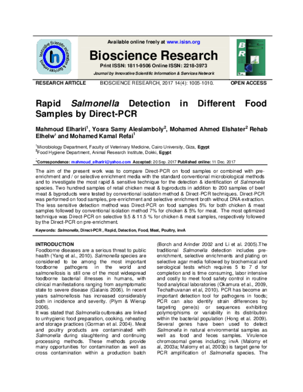 (PDF) Rapid Salmonella Detection in Different Food Samples by Direct-PCR