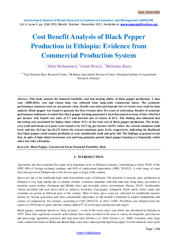(PDF) Cost Benefit Analysis of Black Pepper Production in Ethiopia