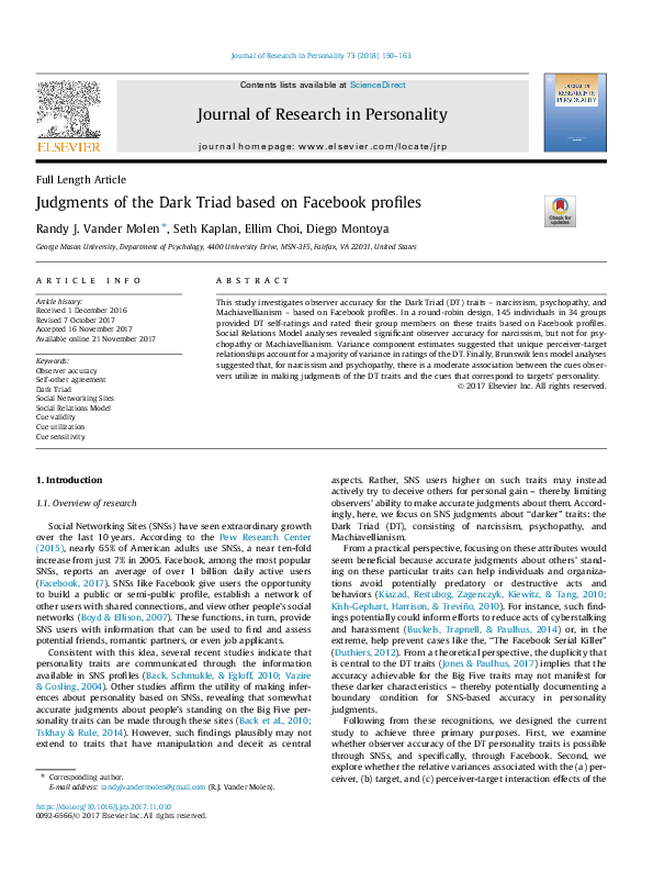  PDF Judgments Of The Dark Triad Based On Facebook Profiles 2018 Randy J Vander Molen And 