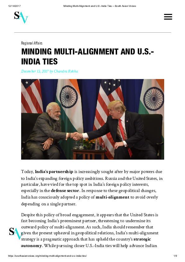 (PDF) Minding Multi-Alignment and U.S.-India Ties