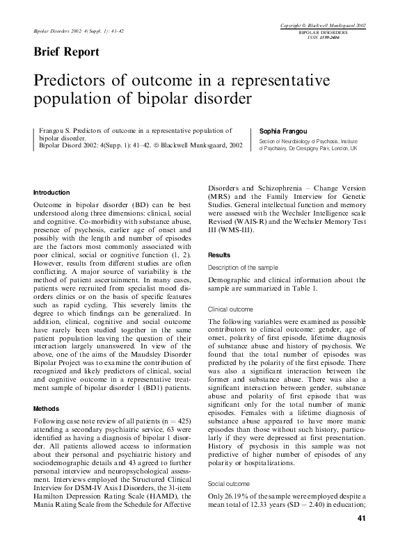 (PDF) Predictors of outcome in a representative population of bipolar ...