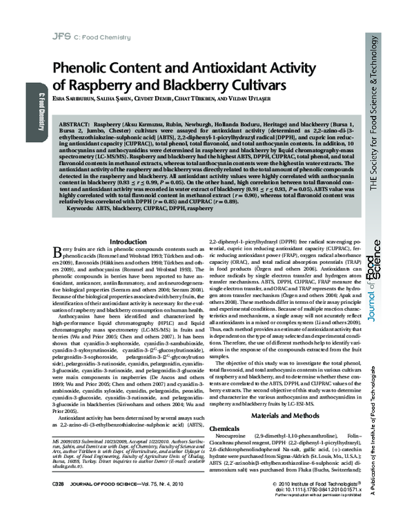 (PDF) Phenolic Content and Antioxidant Activity of Raspberry and Blackberry Cultivars Cevdet