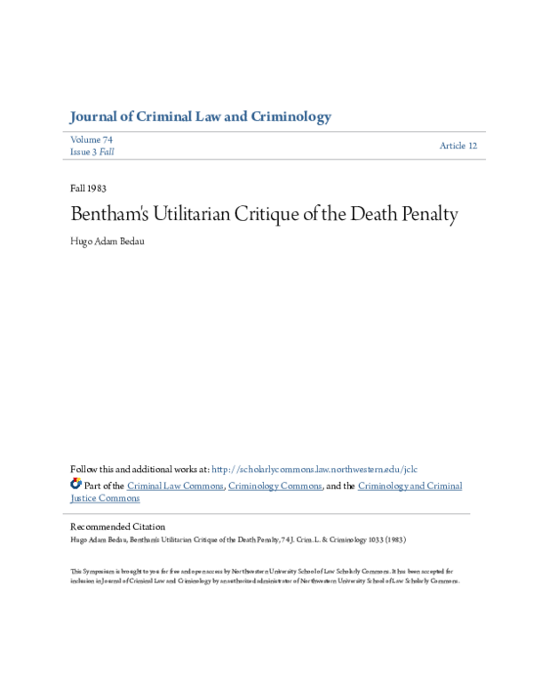 (PDF) Bentham� s Utilitarian Critique of the Death Penalty (PDF) Bentham� s Utilitarian Critique of the Death Penalty