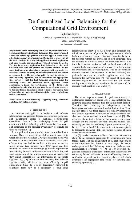 (PDF) De-Centralized Load Balancing for the Computational Grid Environment