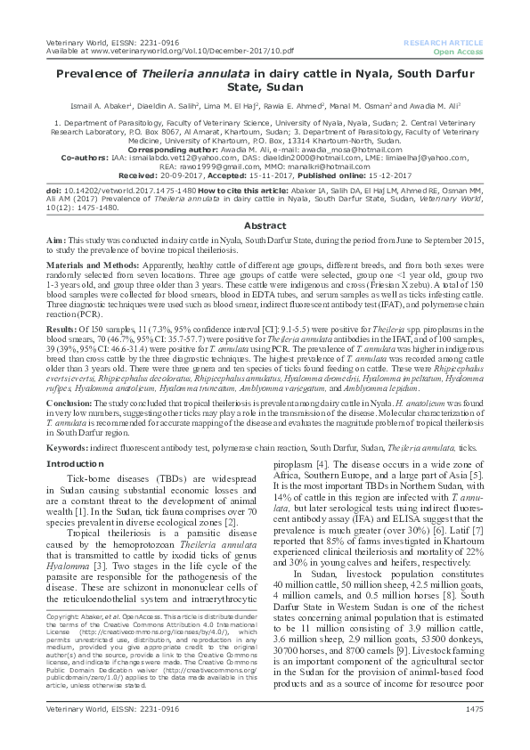 (PDF) Prevalence of Theileria annulata in dairy cattle in Nyala, South ...