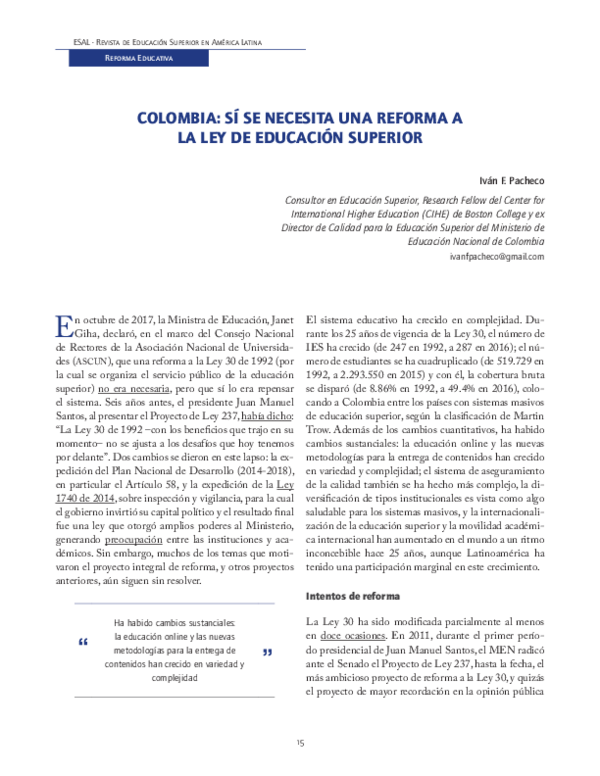 (PDF) COLOMBIA: SÍ SE NECESITA UNA REFORMA A LA LEY DE EDUCACIÓN SUPERIOR