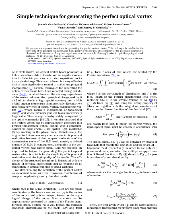 (PDF) Simple technique for generating the perfect optical vortex
