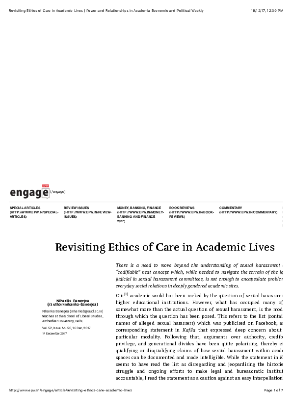 (PDF) Revisiting Ethics of Care in Academic Lives