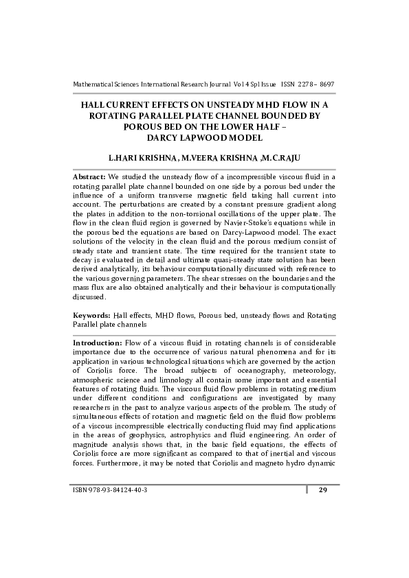 (PDF) HALL CURRENT EFFECTS ON UNSTEADY MHD FLOW IN A ROTATING PARALLEL ...