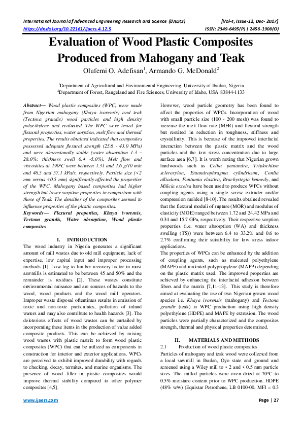 (PDF) Evaluation of Wood Plastic Composites Produced from Mahogany and