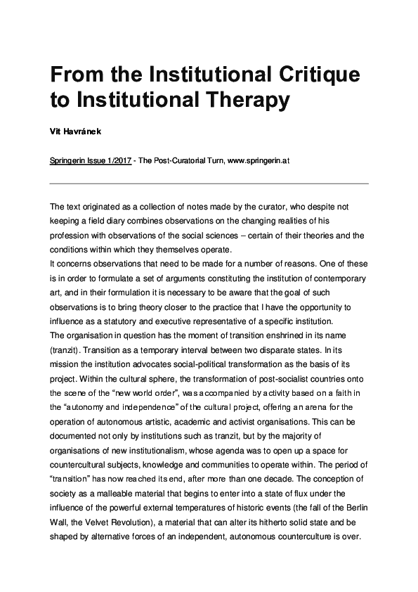 (PDF) From the Institutional Critique to Institutional Therapy