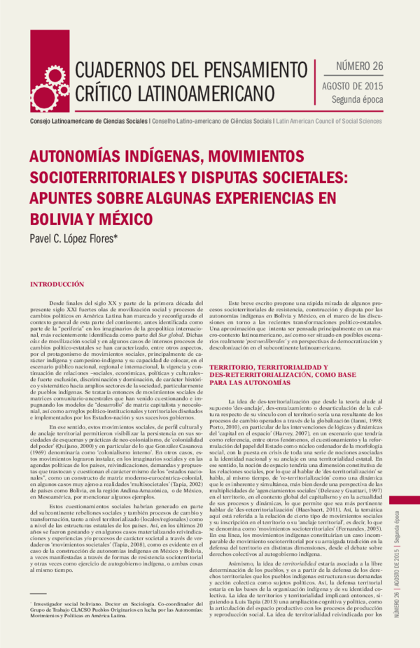 Autonomías Indígenas, movimientos socioterritoriales y disputas societales: Apuntes sobre algunas experiencias en Bolivia y México (Cuadernos del Pensamiento CrítiCo latinoameriCano-CLACSO)