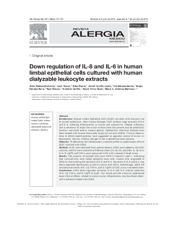 (PDF) Down regulation of IL-8 and IL-6 in human limbal epithelial cells ...