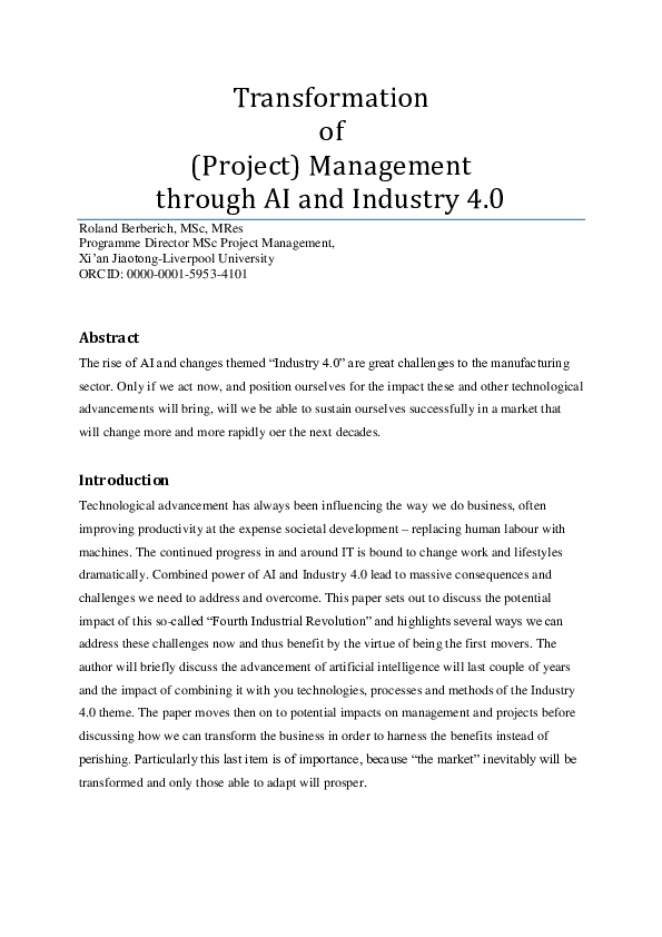 (DOC) Transformation of (Project) Management through AI and Industry 4.0