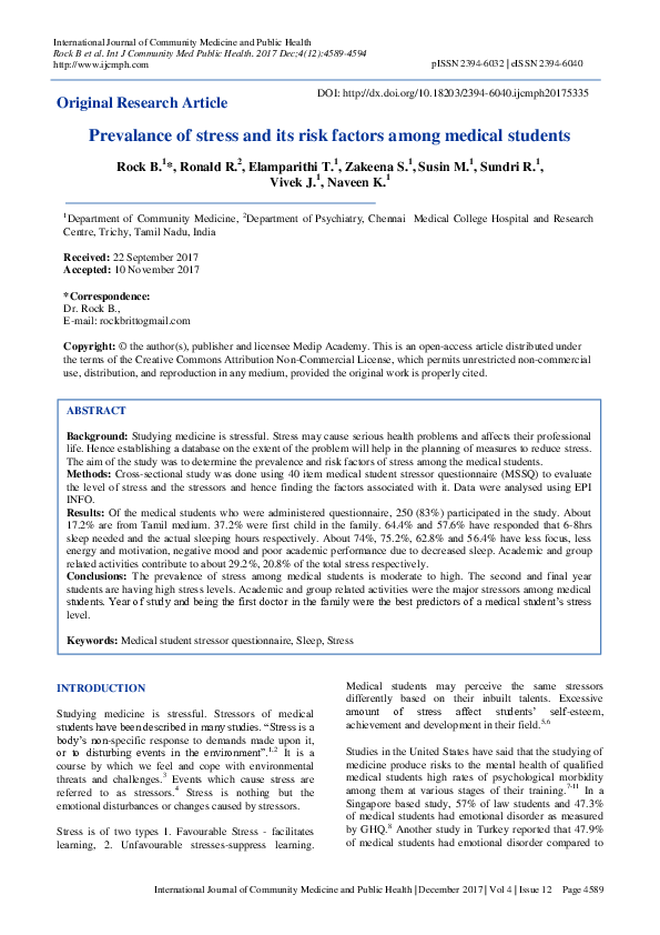 (PDF) Prevalance of stress and its risk factors among medical students