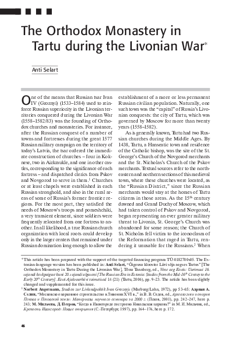 (PDF) The Orthodox Monastery in Tartu during the Livonian War. – Tuna ...