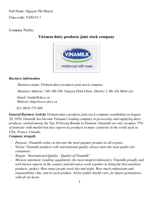 (PDF) Vietnam dairy products joint stock company Huyen Nguyen