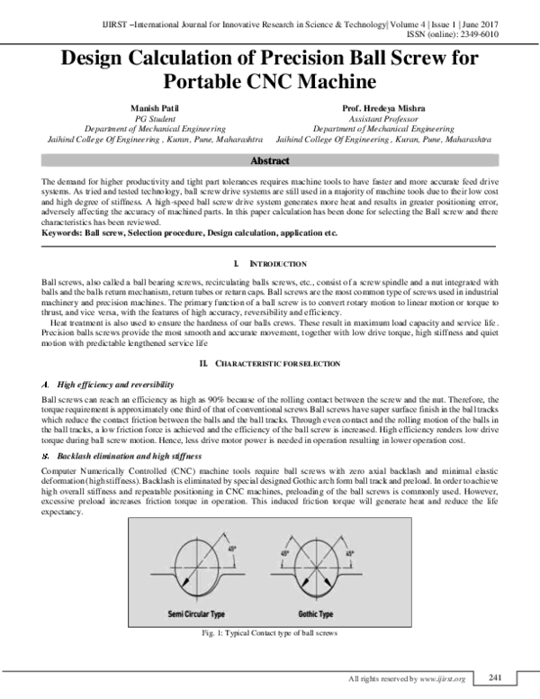 (PDF) Design Calculation of Precision Ball Screw for Portable CNC Machine IJIRST