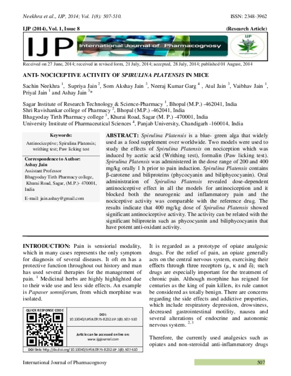 (PDF) ANTI-NOCICEPTIVE ACTIVITY OF SPIRULINA PLATENSIS IN MICE