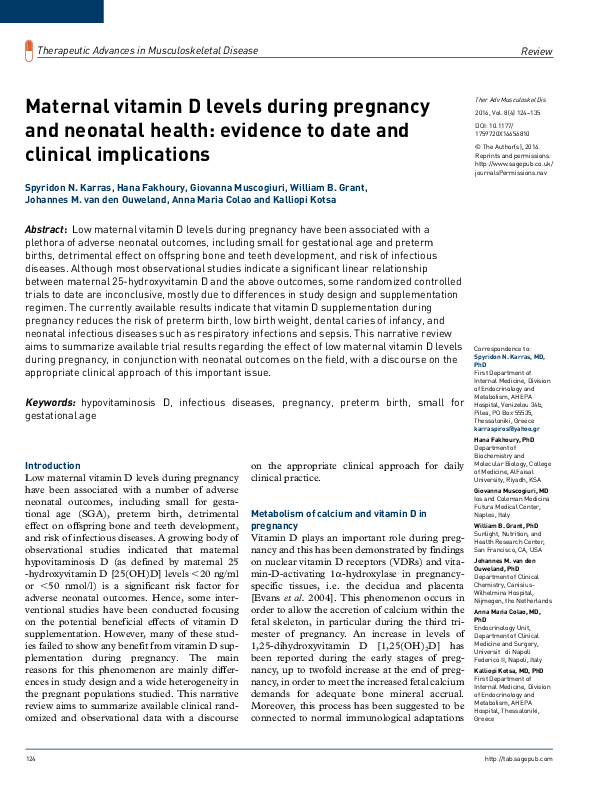 (PDF) Maternal vitamin D levels during pregnancy and neonatal health