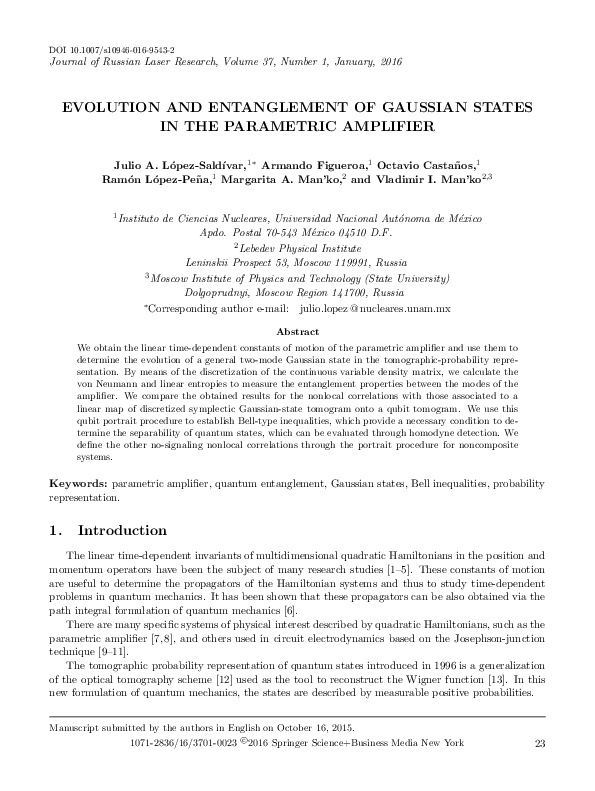 (PDF) EVOLUTION AND ENTANGLEMENT OF GAUSSIAN STATES IN THE PARAMETRIC ...