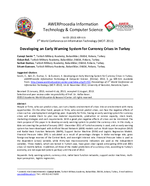 (PDF) Developing an Early Warning System for Currency Crises in Turkey