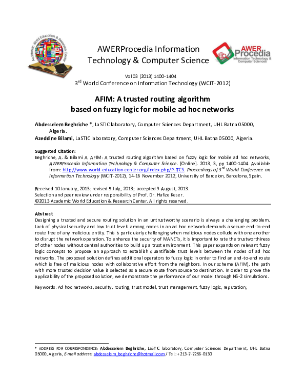 (PDF) AFIM: A trusted routing algorithm based on fuzzy logic for mobile ...