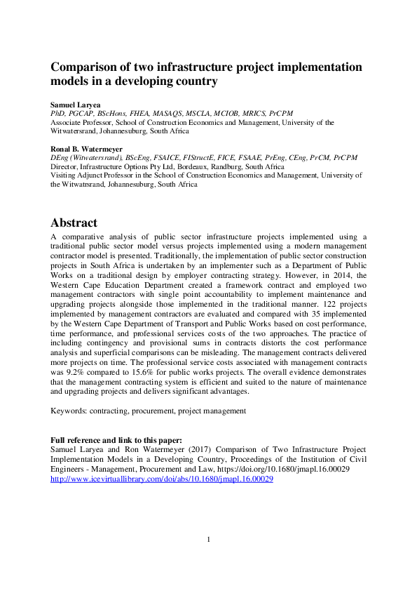 (PDF) Comparison of two infrastructure project implementation models in ...