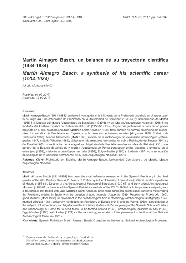(PDF) Martín Almagro Basch, un balance de su trayectoria científica