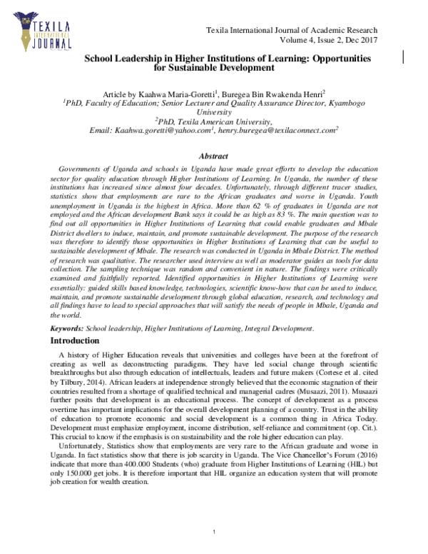 (PDF) School Leadership in Higher Institutions of Learning ...