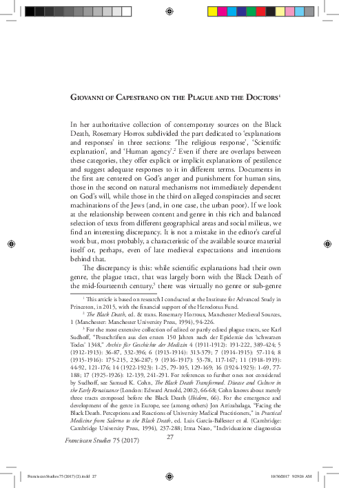 Giovanni of Capestrano on the Plague and the Doctors