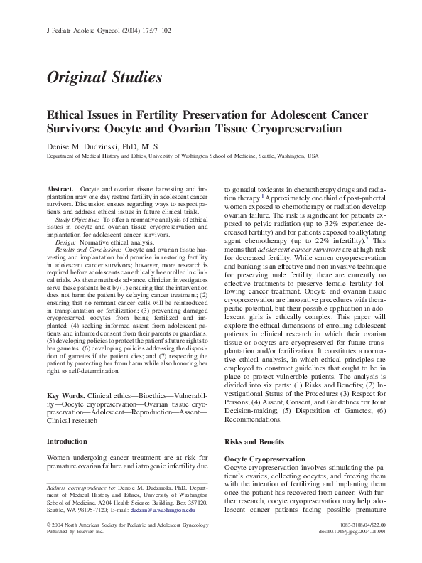 (PDF) Ethical issues in fertility preservation for adolescent cancer ...