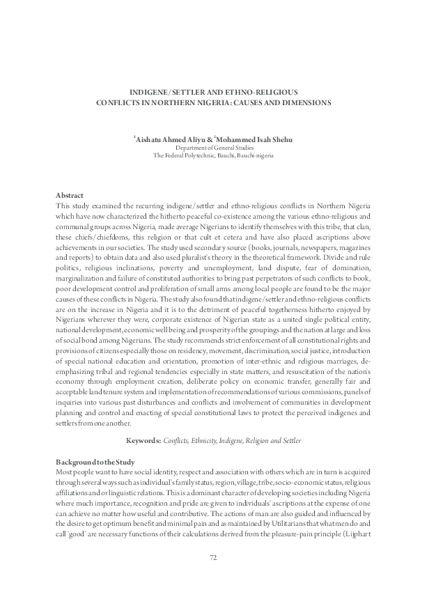 (PDF) Indigene/Settler and Ethno-Religious Conflicts in Northern ...