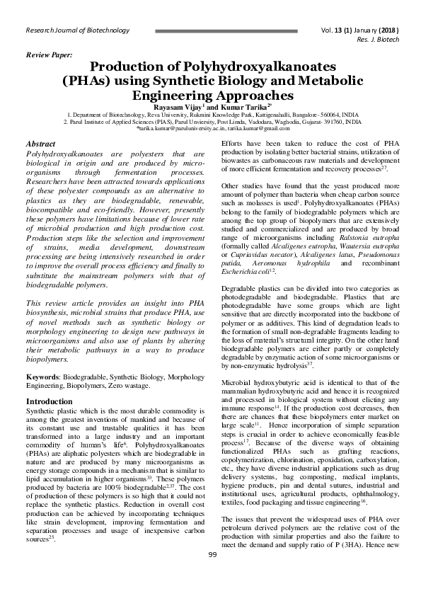 (PDF) Production of Polyhydroxyalkanoates (PHAs) using Synthetic ...