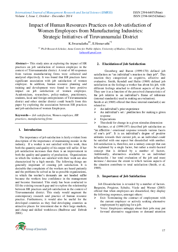 (PDF) Impact of Human Resources Practices on Job satisfaction of Women ...