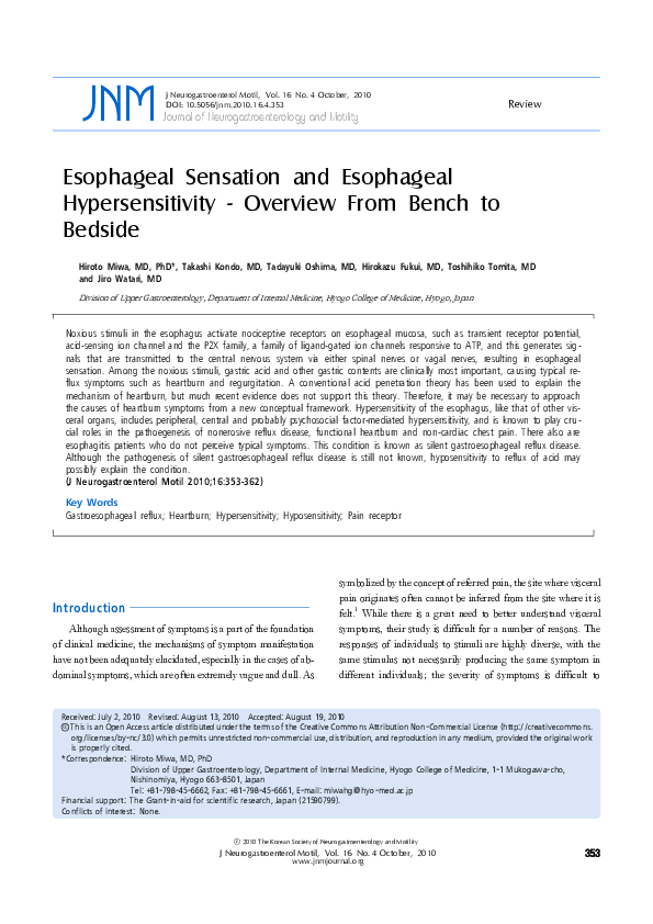 (PDF) Esophageal Sensation and Esophageal Hypersensitivity Overview