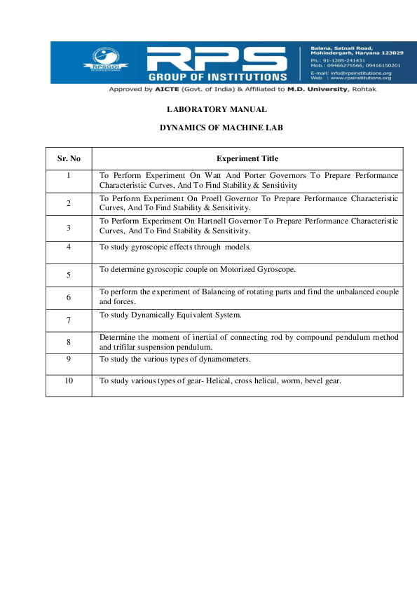 (PDF) LABORATORY MANUAL DYNAMICS OF MACHINE LAB Praveen R Academia.edu
