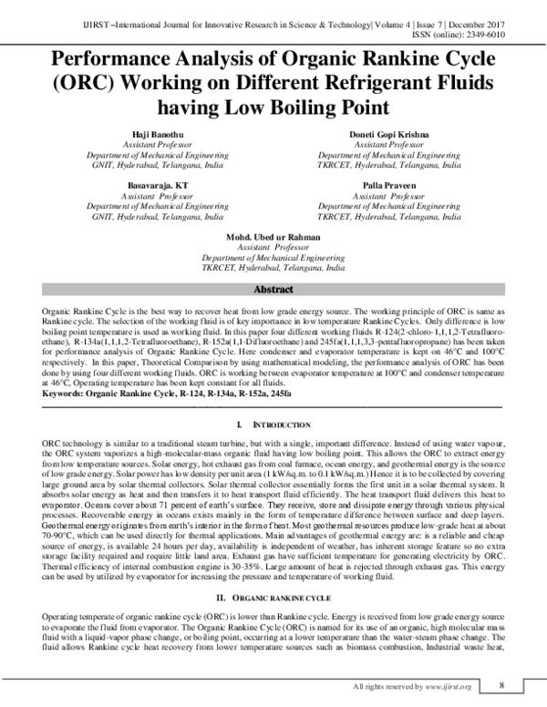 (PDF) Performance Analysis of Organic Rankine Cycle (ORC) Working on ...