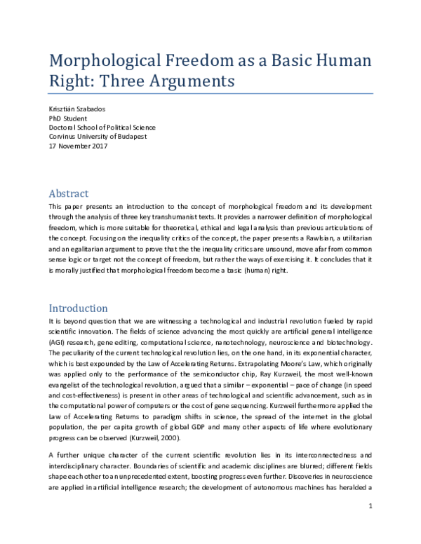 (DOC) Morphological Freedom as a Basic Human Right Three Arguments