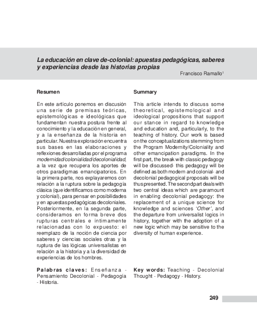 La educación en clave decolonial: apuestas pedagógicas, saberes y experiencias desde las historias propias