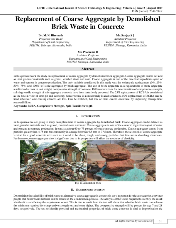 (PDF) Replacement of Coarse Aggregate by Demolished Brick Waste in Concrete