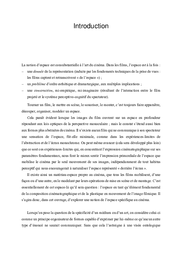 First page of “Introduction du livre "L'espace cinématographique"”