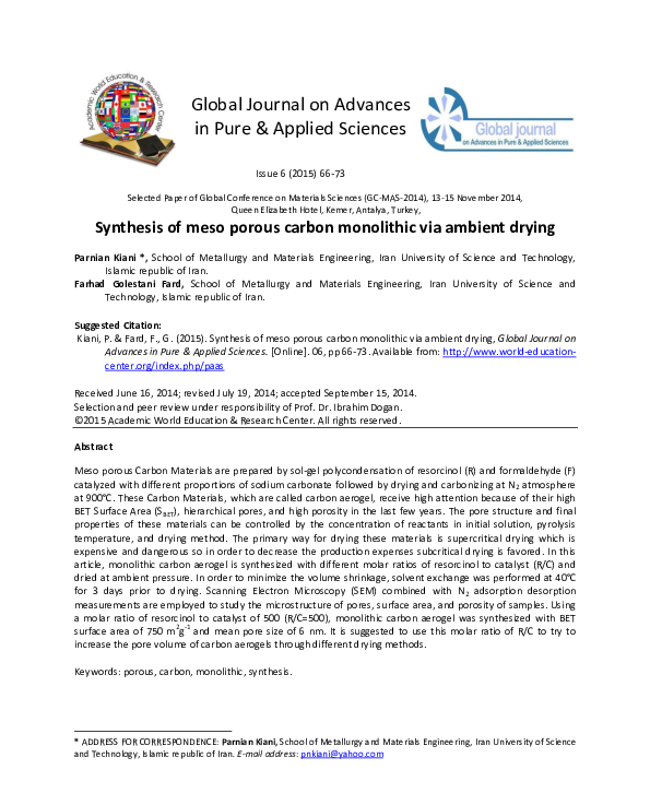 (PDF) Synthesis of meso porous carbon monolithic via ambient drying