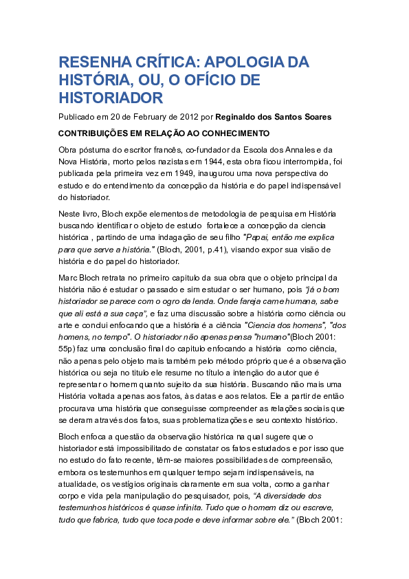 (DOC) RESENHA CRÍTICA: APOLOGIA DA HISTÓRIA, OU, O OFÍCIO DE HISTORIADOR