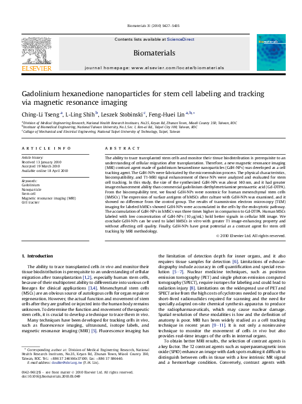 (PDF) Gadolinium hexanedione nanoparticles for stem cell labeling and ...
