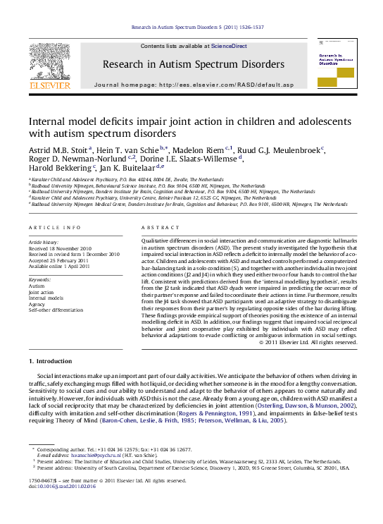 (PDF) Internal model deficits impair joint action in children and ...