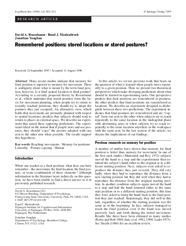 (PDF) Remembered positions: stored locations or stored postures?