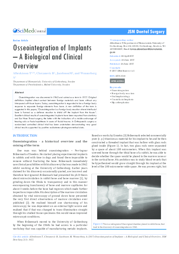 (PDF) Osseointegration of Implants – A Biological and Clinical Overview
